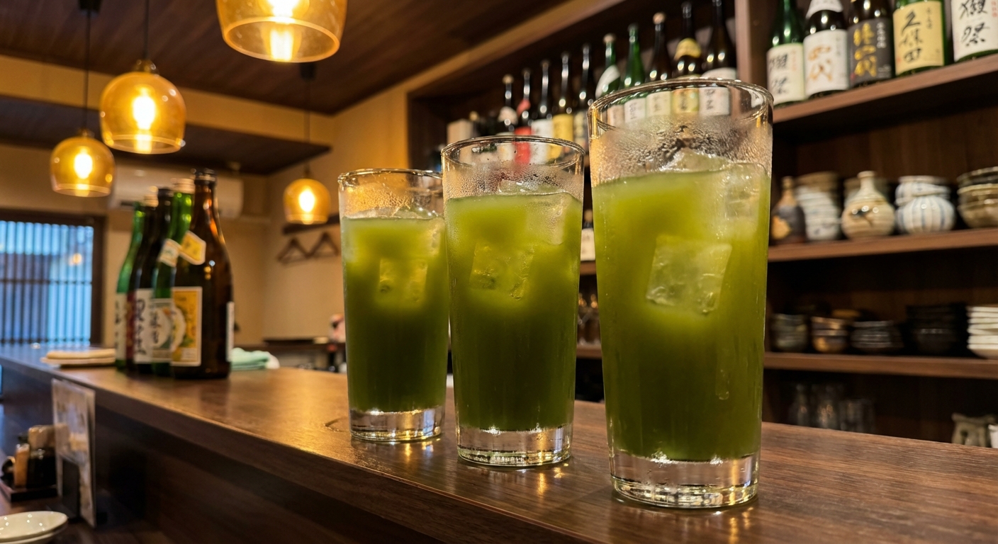 居酒屋カウンターでの緑茶ハイ提供イメージ